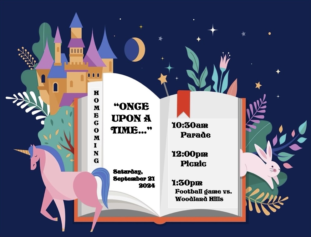 image shows a book saying "Once upon a time..." a unicorn, castle, and hopping rabbit are visible around the book.