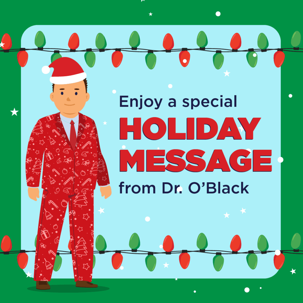 A Gif of Dr. O'Black in a red suit with candy canes and a santa hat