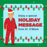 A Gif of Dr. O'Black in a red suit with candy canes and a santa hat