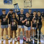 students pose with trophy