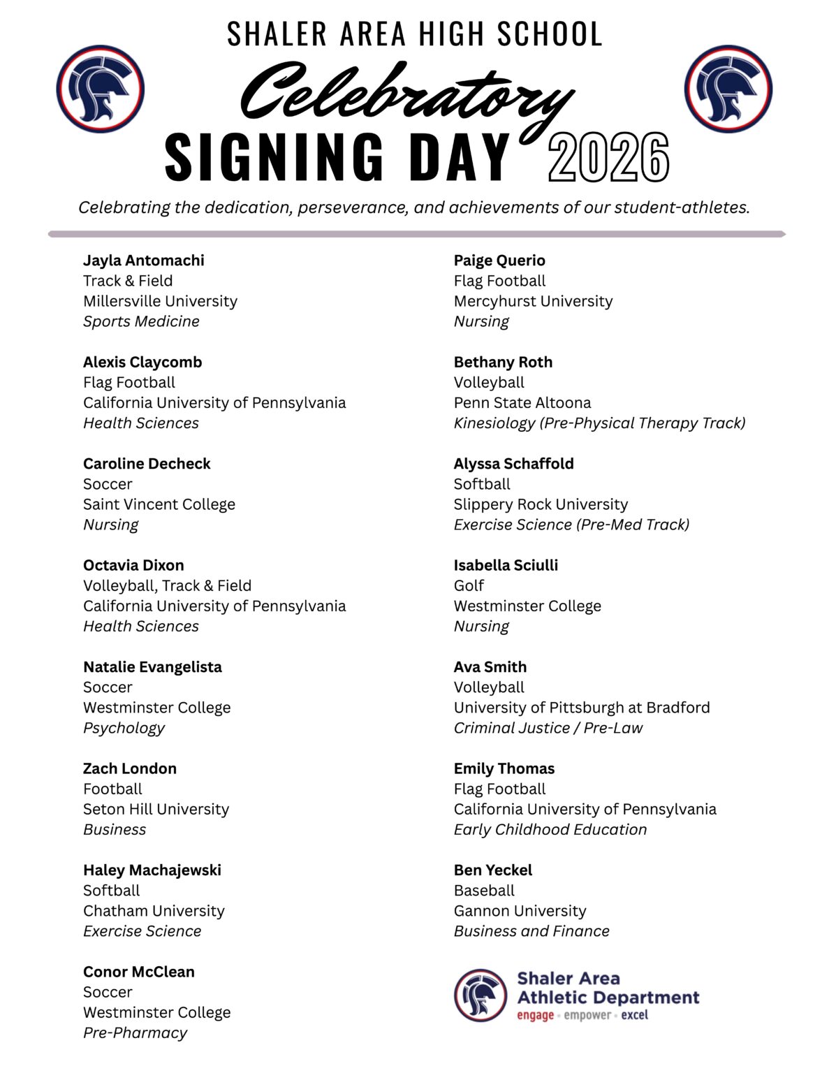 Signing Area Sample Signing Day 2026 – Shaler Area School District